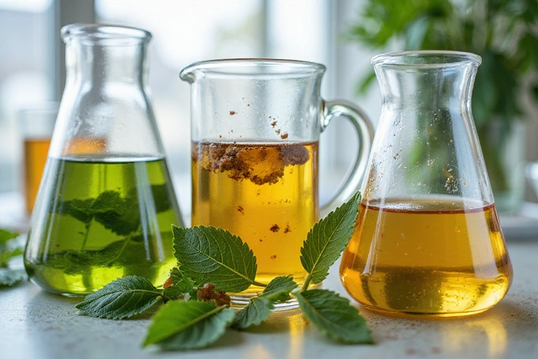 Botanical extracts in laboratory beakers