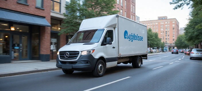 Delivery truck driving through a city