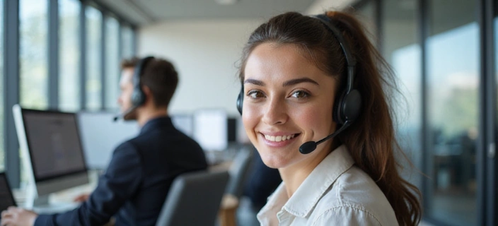 Friendly customer service representative on a headset