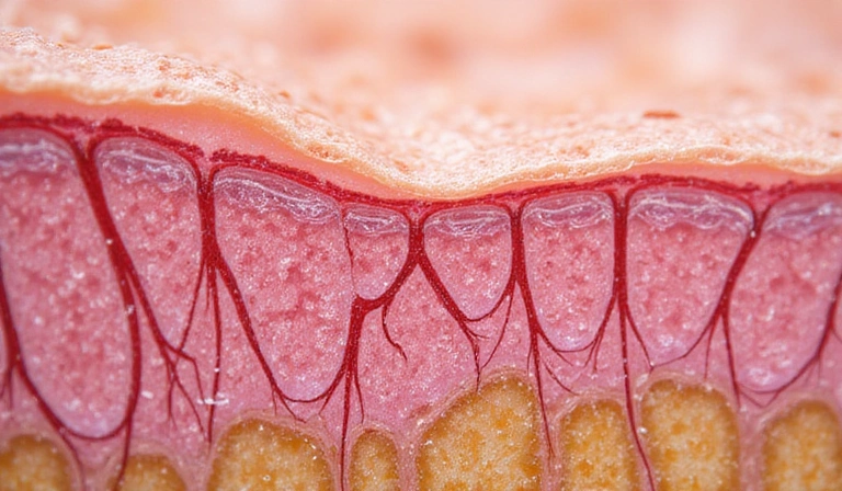 Collagen and elastin fibers intertwining in healthy skin, microscopic view