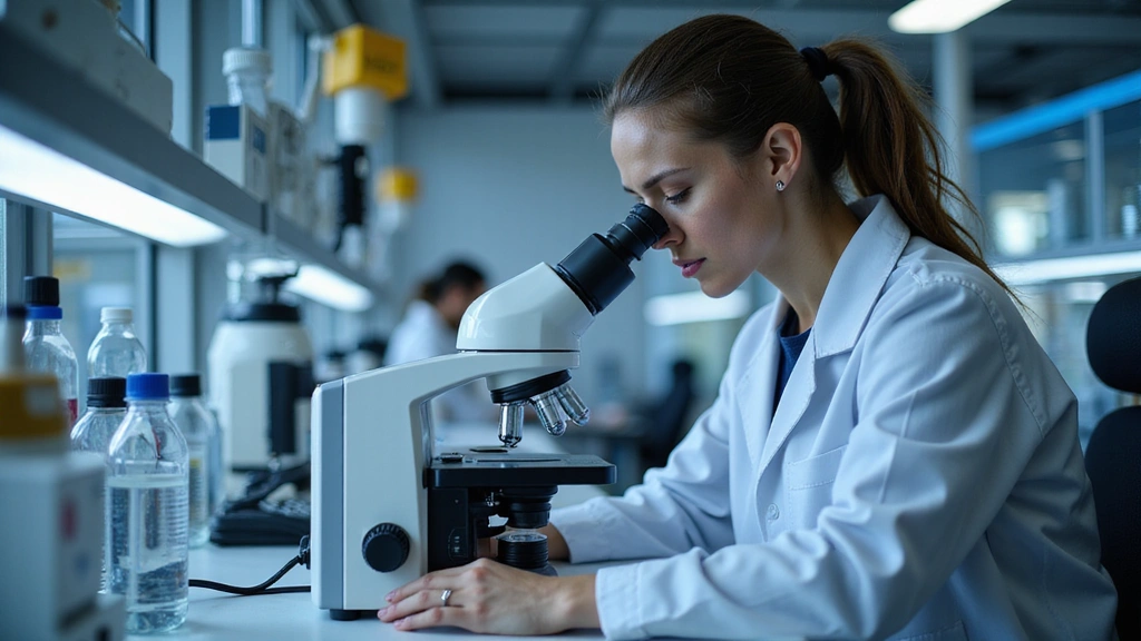 Scientist examining a skin cell under a microscope in a modern lab