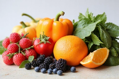 Various colorful fruits and vegetables, rich in antioxidants