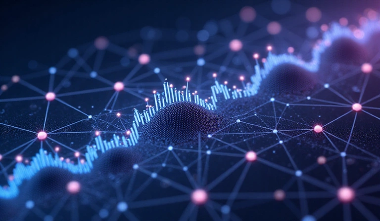 Digital illustration of various data points connecting, representing data collection and analysis.