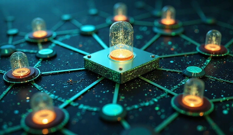 Illustration of secure data flow between different entities, represented by connected nodes and encryption symbols.