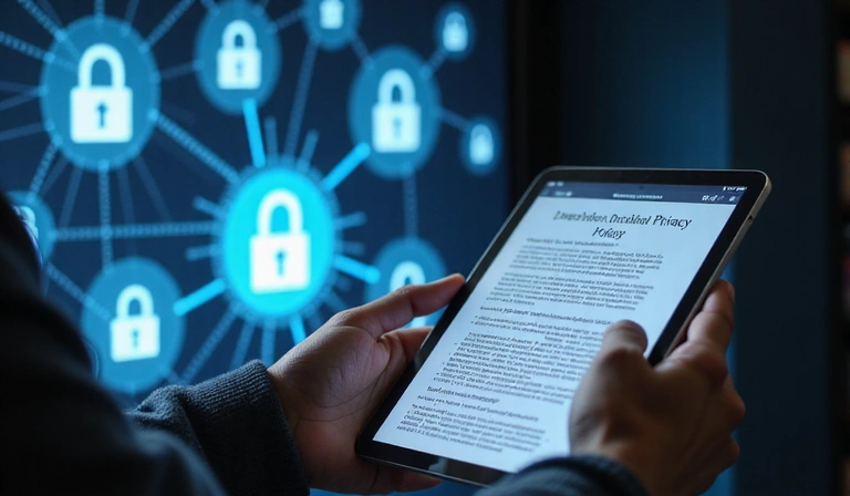 Illustration of a person reading a privacy policy document on a tablet, surrounded by secure digital elements.